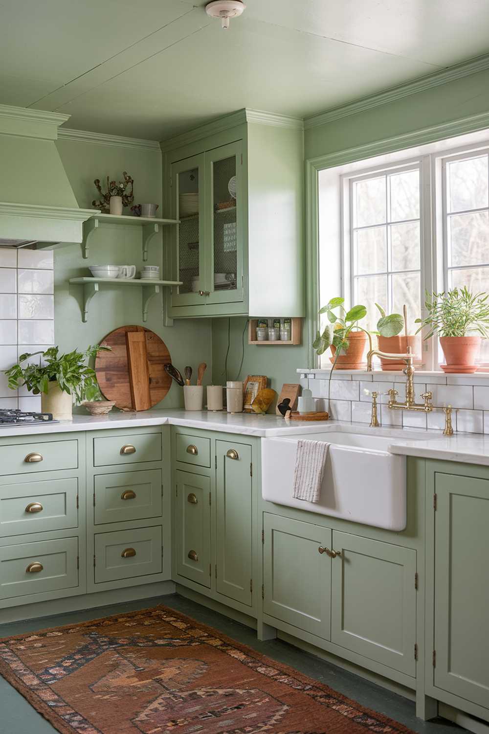 Sage green kitchen with white farmhouse sink, brass fixtures, and wooden accents creating a cozy, modern farmhouse aesthetic