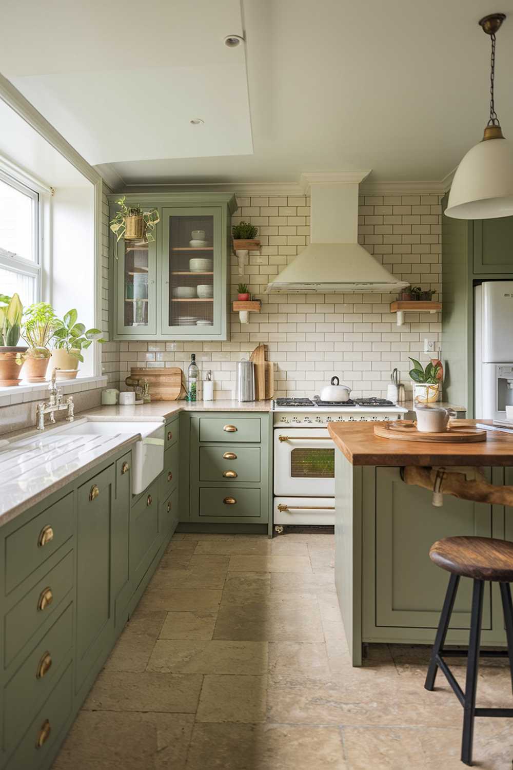 Wide view of sage green kitchen with coordinated cabinets, island, and backsplash complemented by white appliances