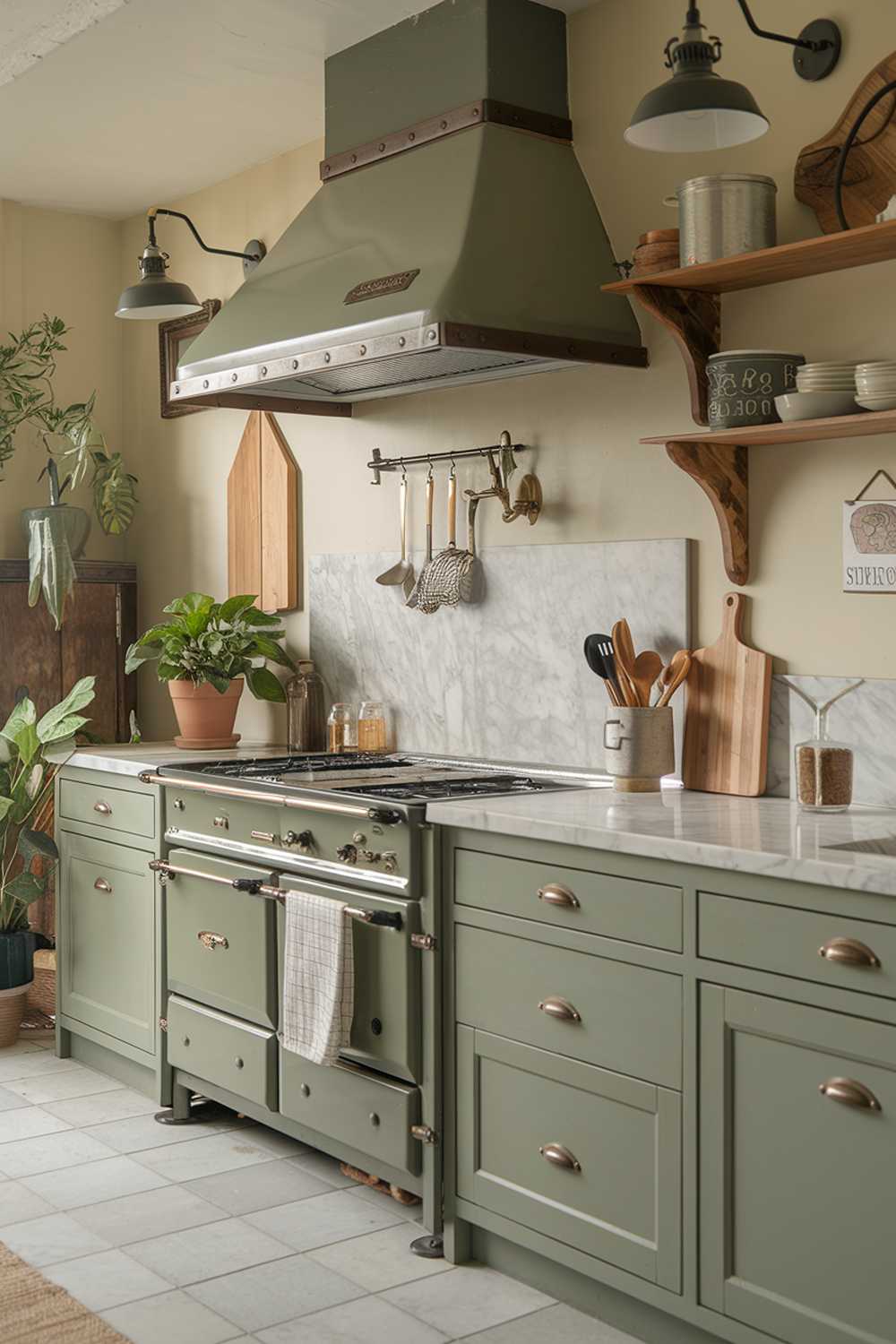 Cozy kitchen featuring vintage-style range hood, marble countertops, and sage green decor with wooden elements