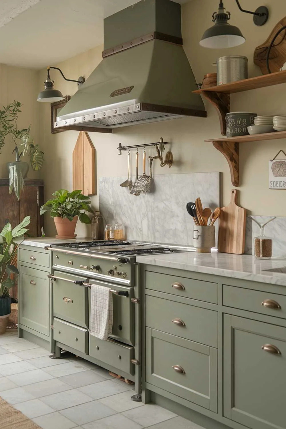 19 Sage Green Kitchen Ideas for a Stylish Refresh 4 Cozy kitchen featuring vintage-style range hood, marble countertops, and sage green decor with wooden elements