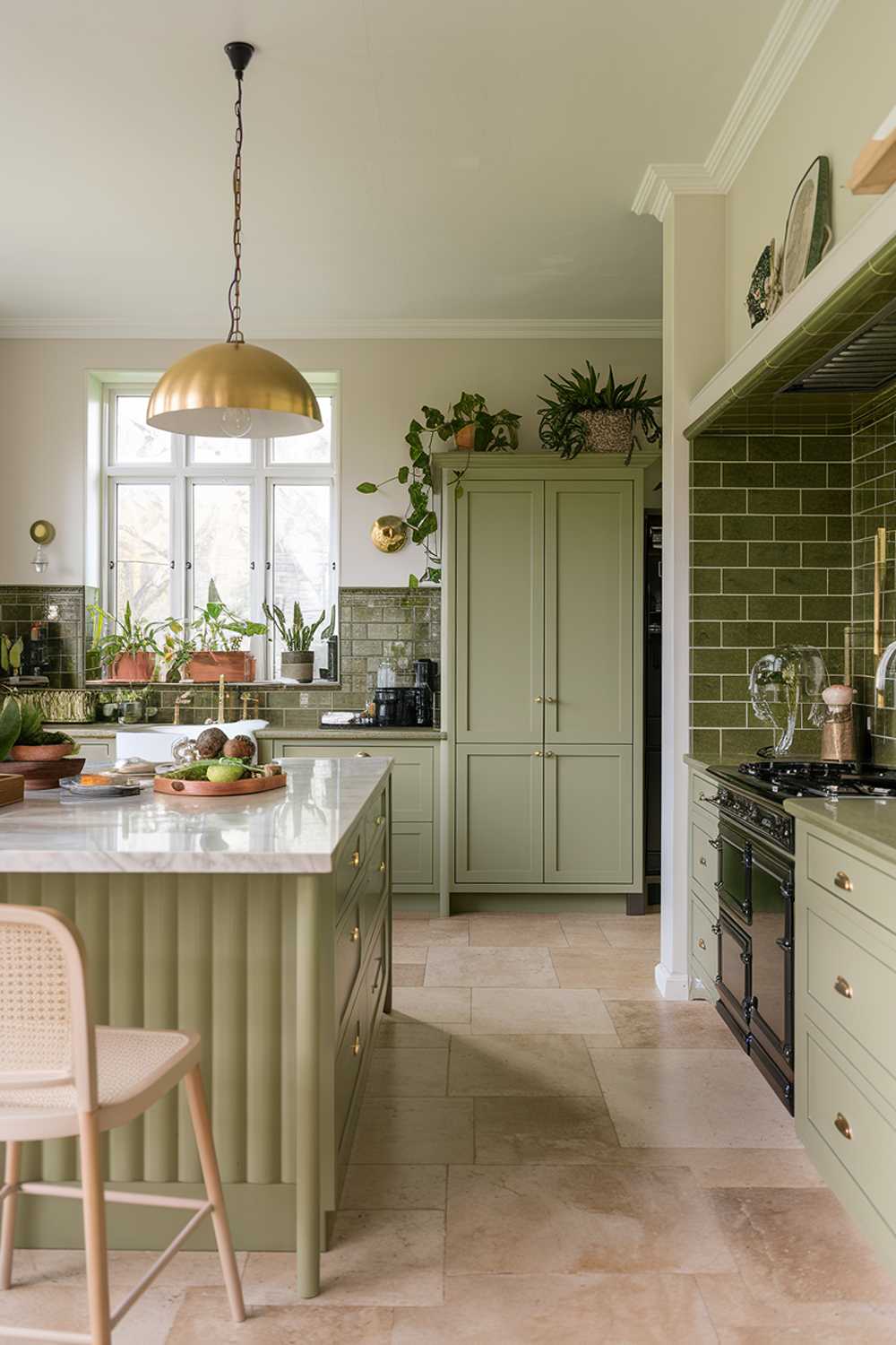 Modern sage green kitchen featuring marble island, gold pendant lighting, and coordinated cabinet design