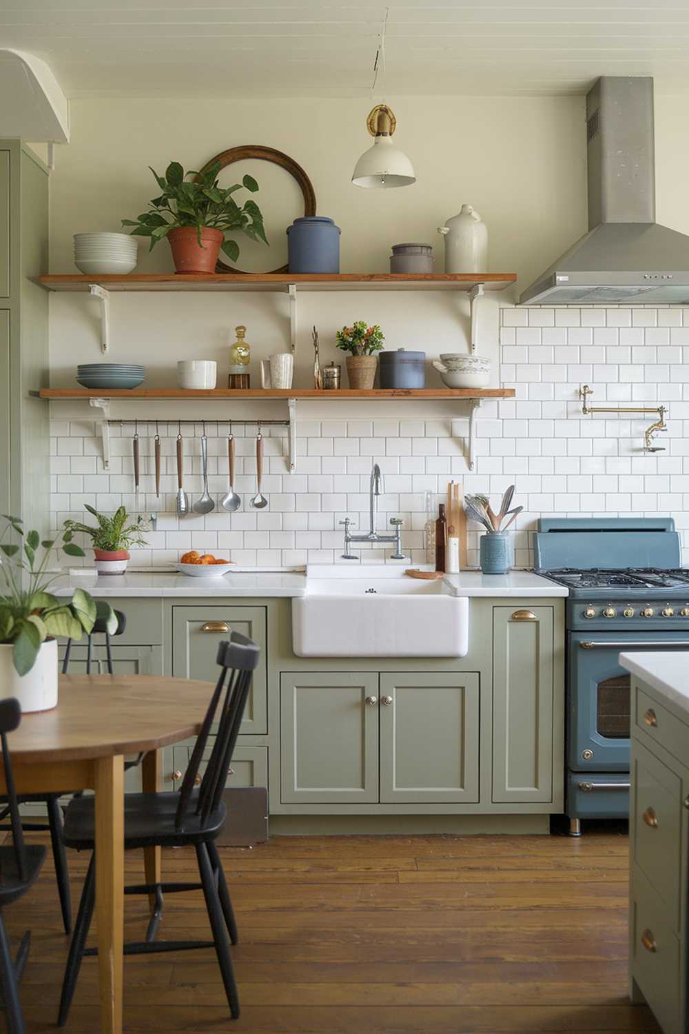 Farmhouse-style kitchen with sage green elements, subway tile backsplash, and wooden shelving