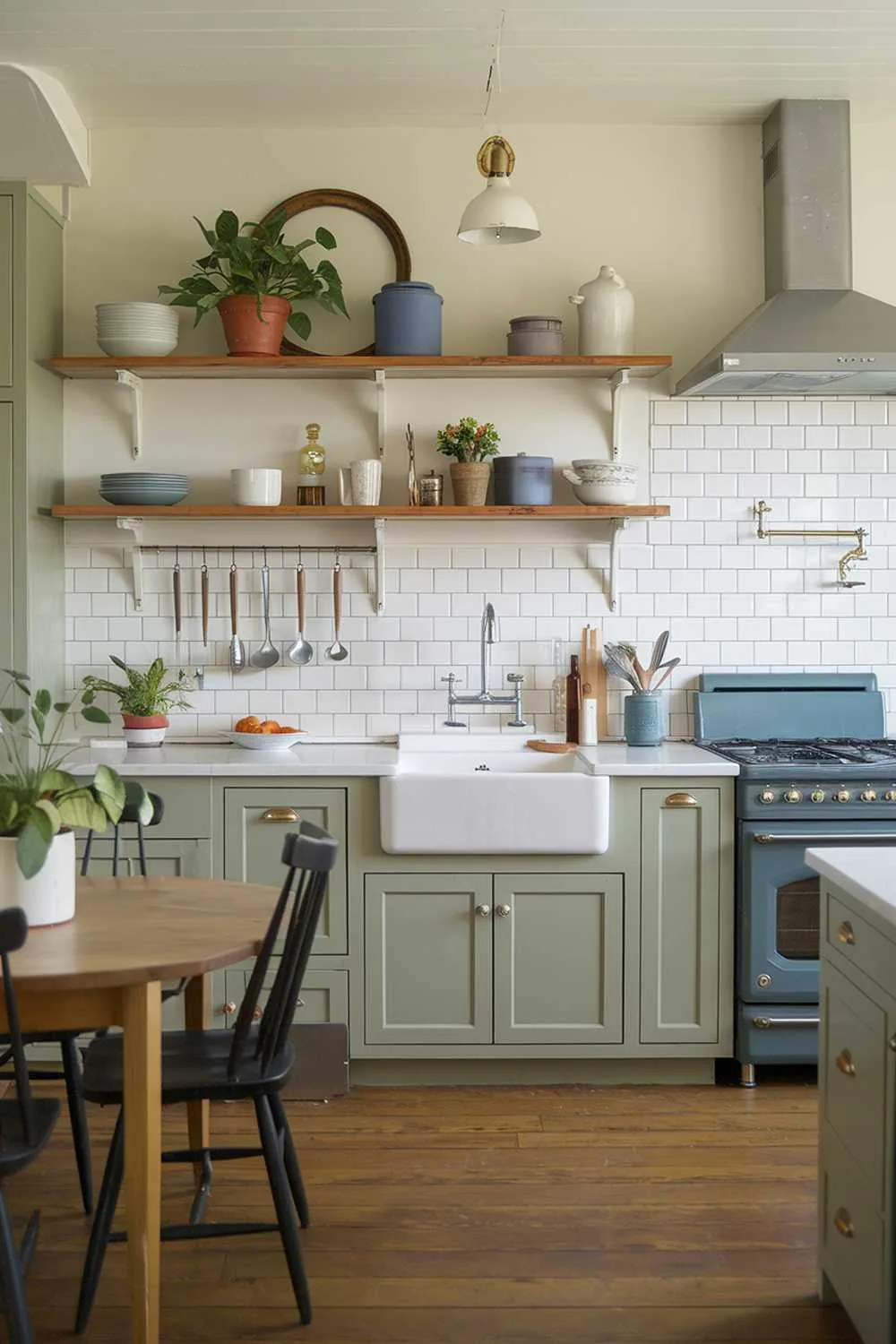 19 Sage Green Kitchen Ideas for a Stylish Refresh 6 Farmhouse-style kitchen with sage green elements, subway tile backsplash, and wooden shelving