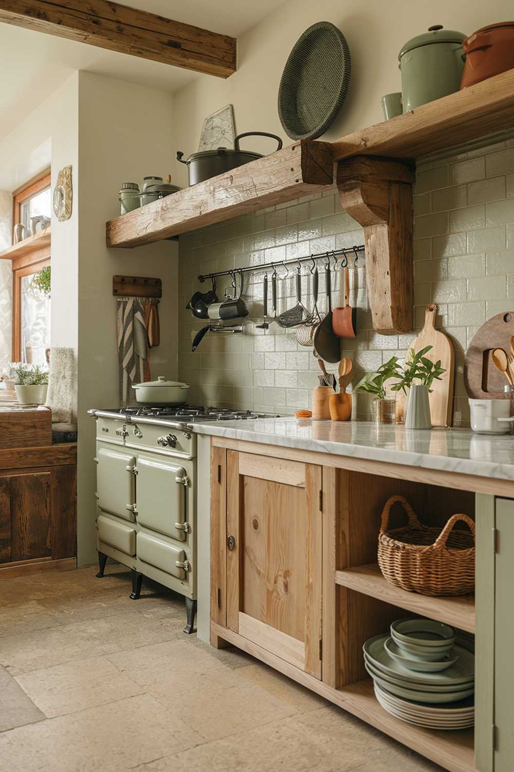 Rustic kitchen design featuring sage green backsplash, vintage stove, and hanging cookware with warm lighting