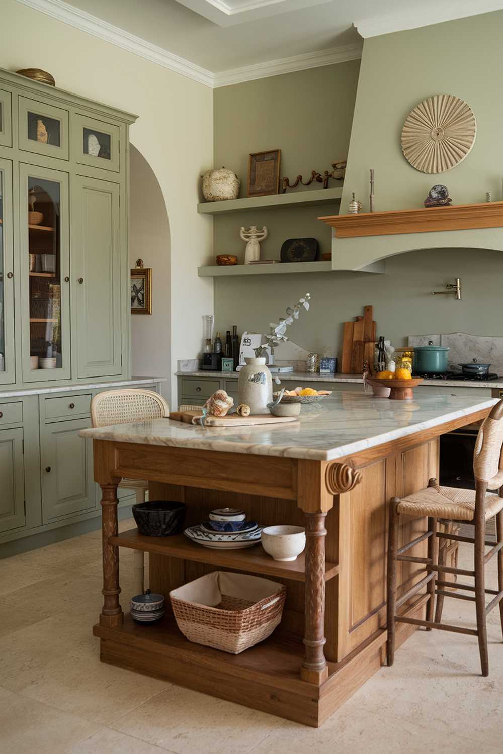 Minimalist kitchen with sage green cabinet, wooden island, and decorative shelf styling