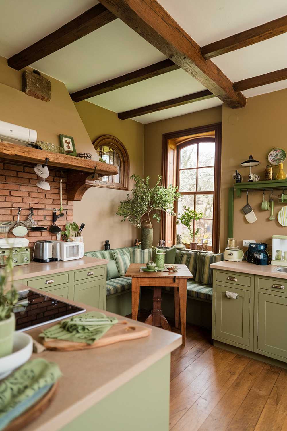 Cozy kitchen featuring wooden beams, brick walls, and strategic sage green accents