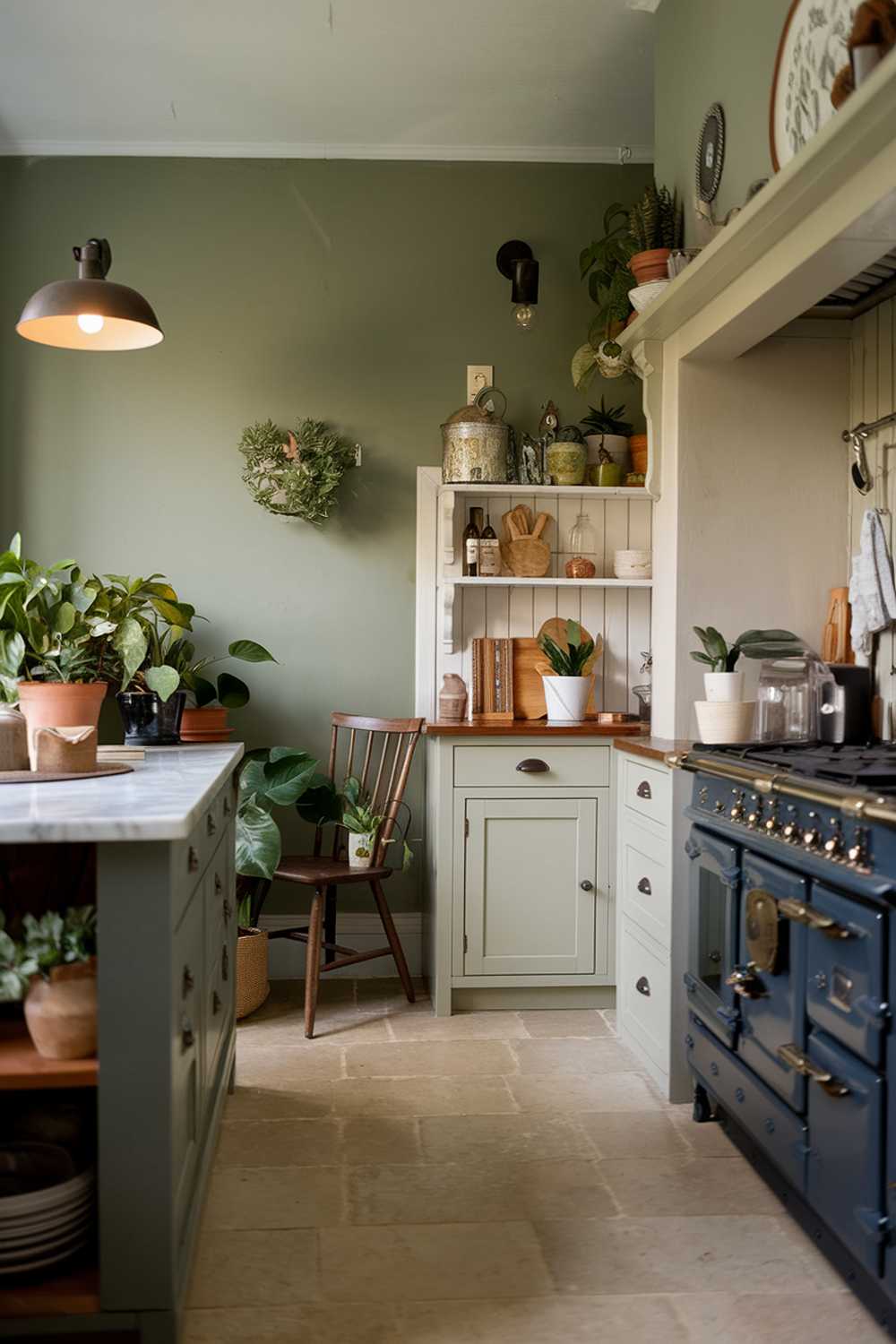 Modern kitchen design with sage green accent wall, dark grey island, and white cabinetry