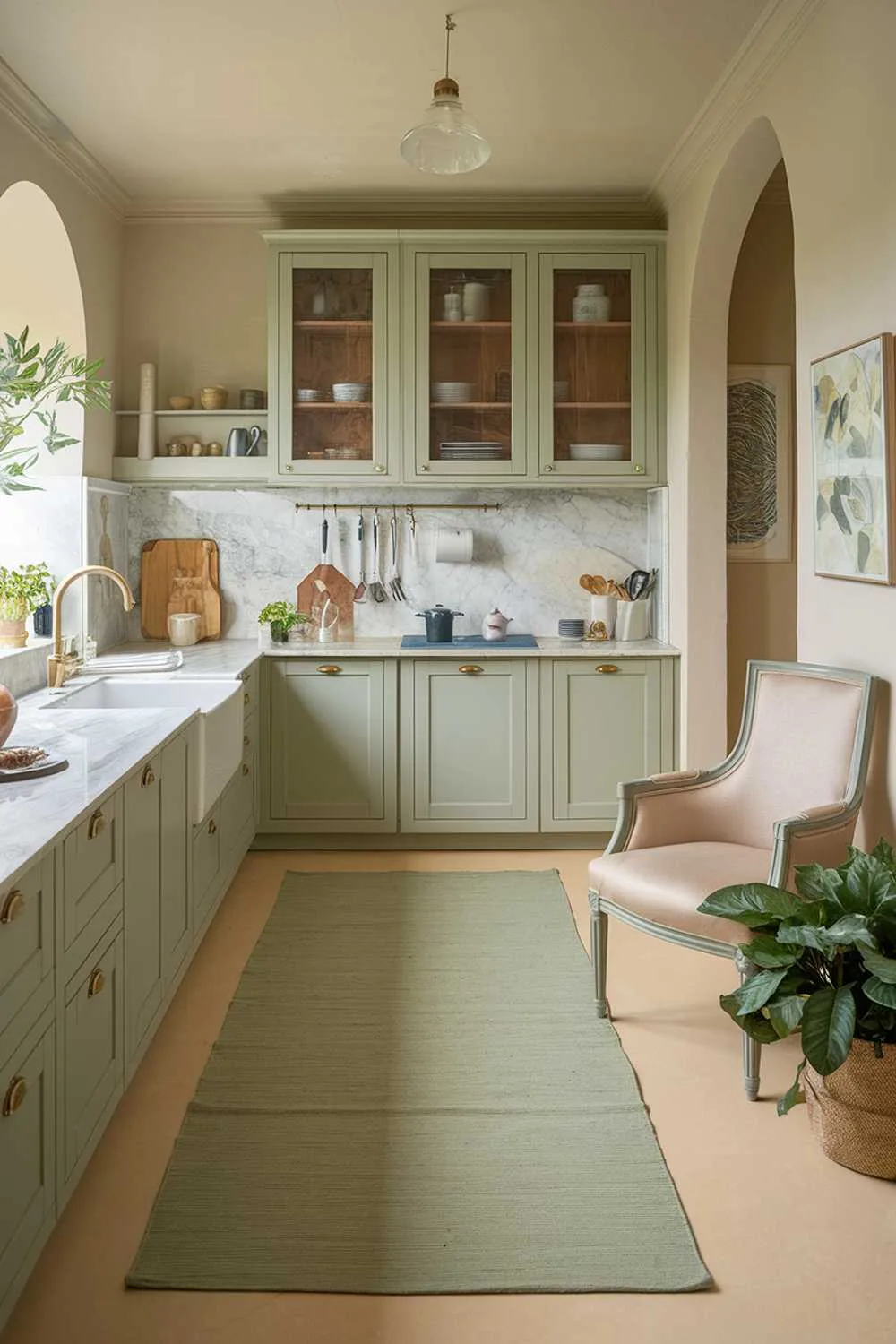 19 Sage Green Kitchen Ideas for a Stylish Refresh 11 Stylish kitchen featuring large sage green rug, white cabinets, and coordinated chair accents