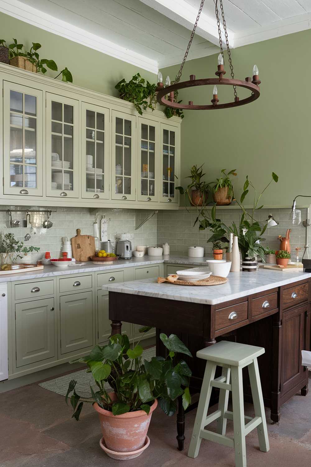 Kitchen featuring sage green doors, dark wood island, and rustic chandelier with marble accents