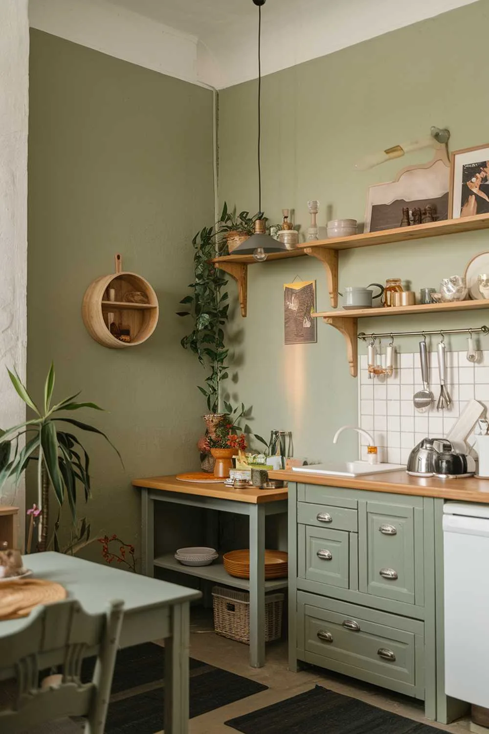19 Sage Green Kitchen Ideas for a Stylish Refresh 14 Intimate kitchen space with sage green walls, wooden elements, and pendant lighting