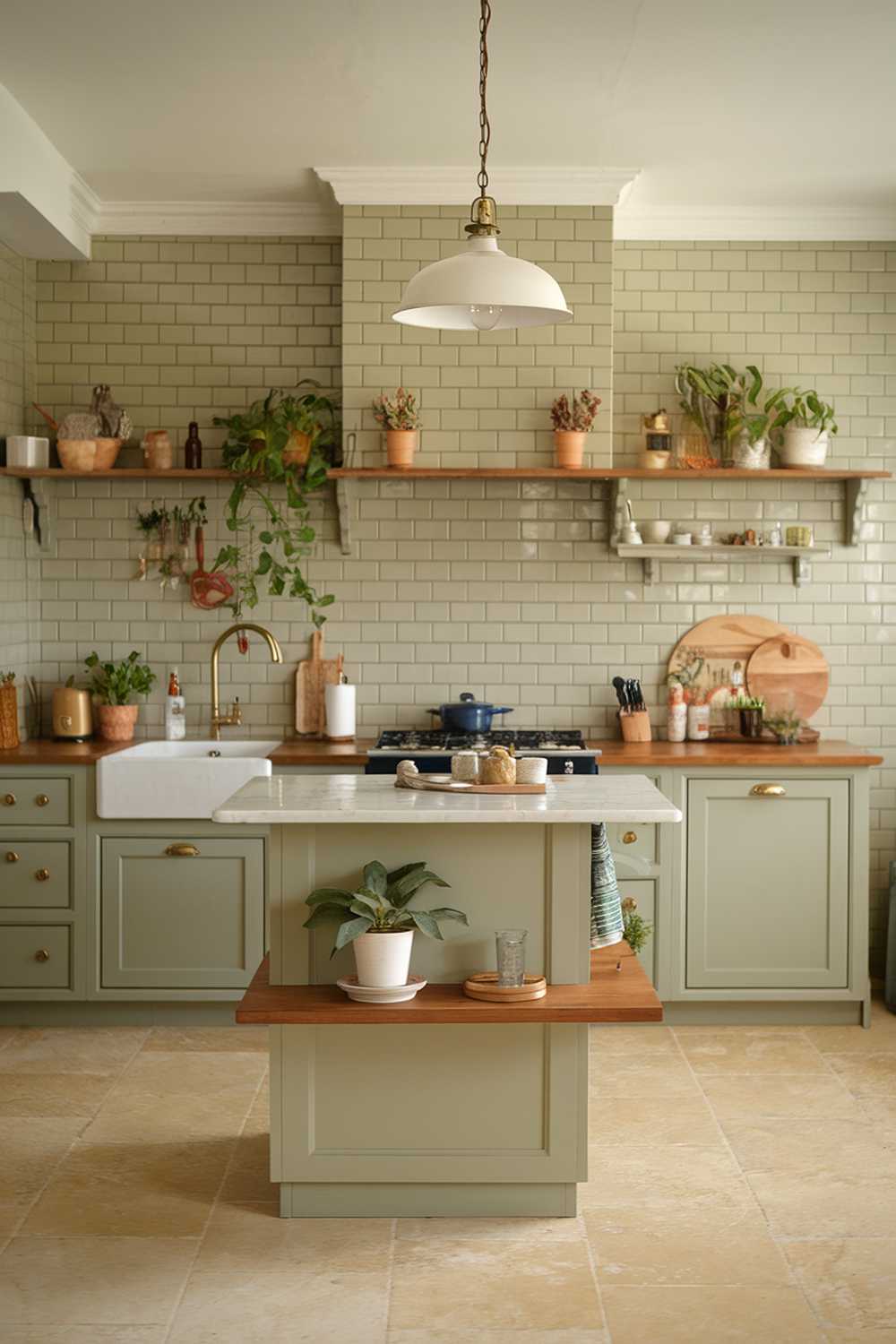 Kitchen featuring beige backsplash, sage green cabinet, and white pendant lighting over island