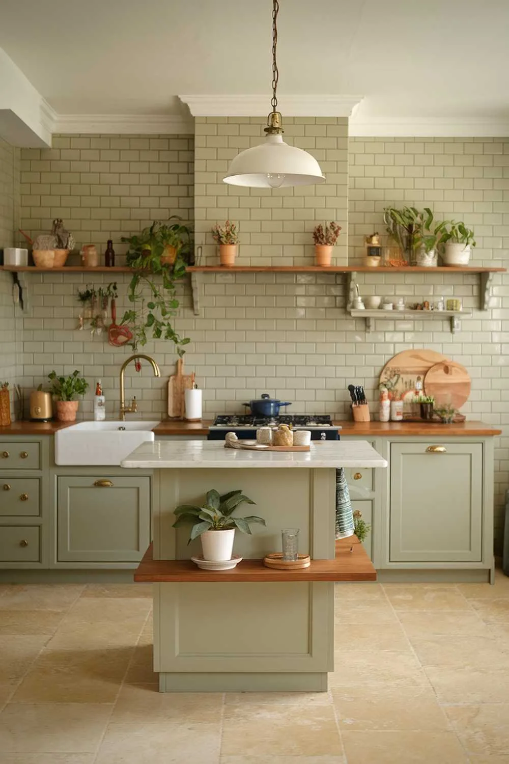 19 Sage Green Kitchen Ideas for a Stylish Refresh 15 Kitchen featuring beige backsplash, sage green cabinet, and white pendant lighting over island