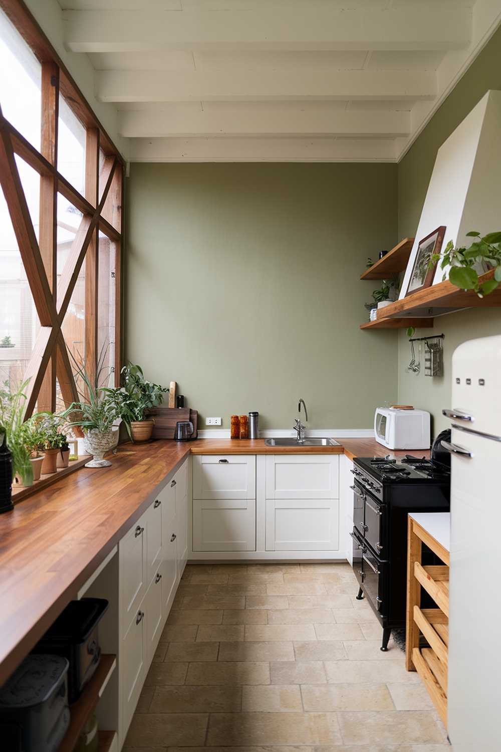 Bright kitchen with sage green accent wall, wooden beams, and mixed cabinet finishes