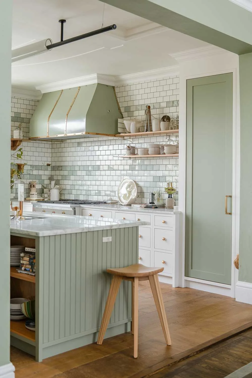 19 Sage Green Kitchen Ideas for a Stylish Refresh 17 Modern kitchen with sage green island, marble top, and mixed material elements