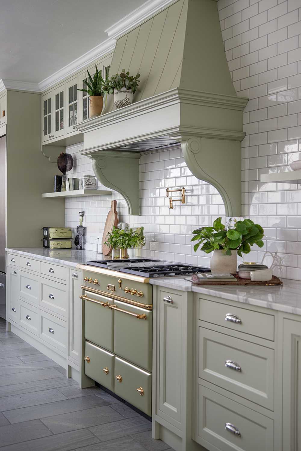 Contemporary kitchen with sage green accents, white cabinets, and gray tile flooring