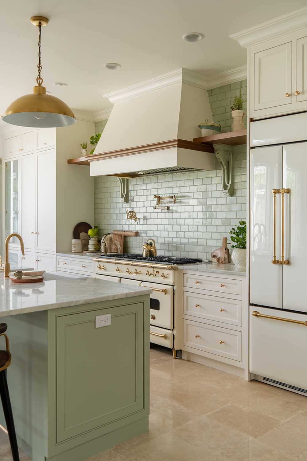 Elegant kitchen featuring sage green island, gold accents, and white appliances