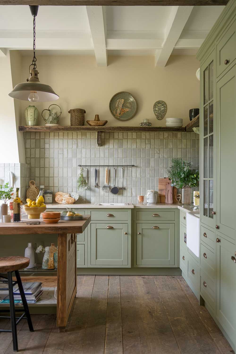 A sage green kitchen