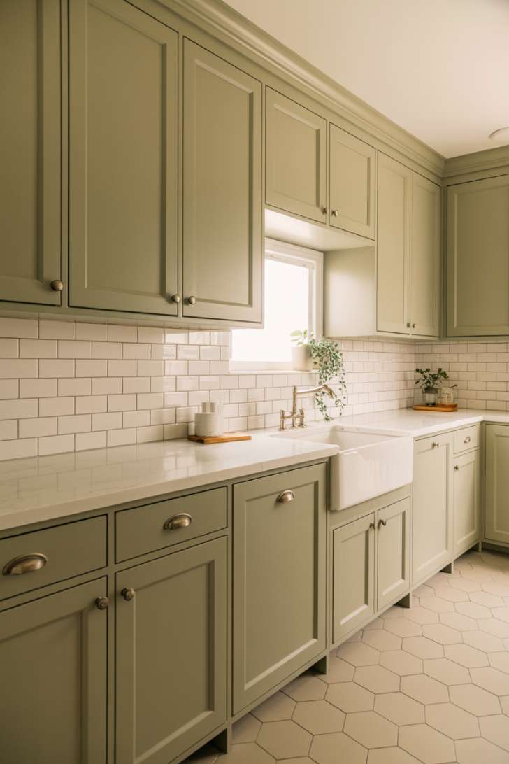 10 Gorgeous Sage Green Laundry Room Ideas for Your Home 1 Sage green shaker cabinets with brass hardware in a bright laundry room