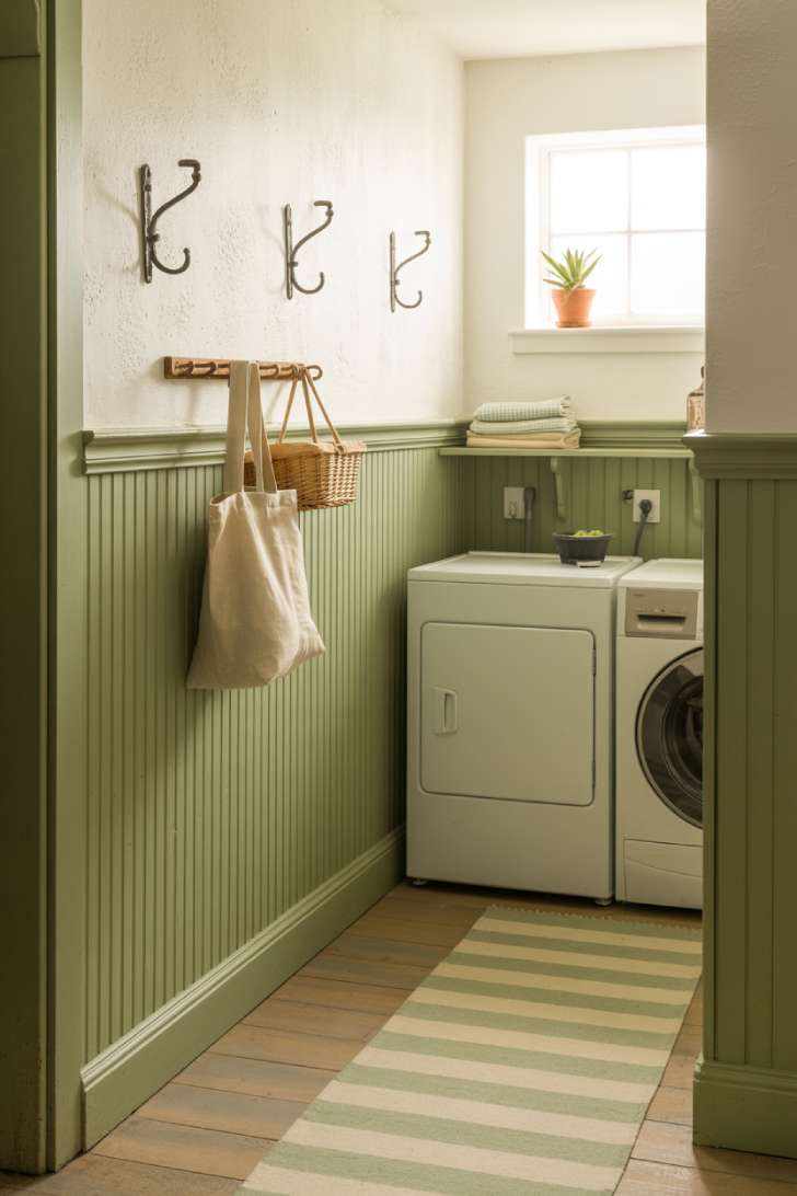 10 Gorgeous Sage Green Laundry Room Ideas for Your Home 10 Sage green beadboard wainscoting with cottage-style hooks and accessories in a laundry room