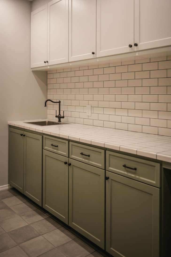 10 Gorgeous Sage Green Laundry Room Ideas for Your Home 3 Sage green lower cabinets with white subway tile backsplash and matte black hardware