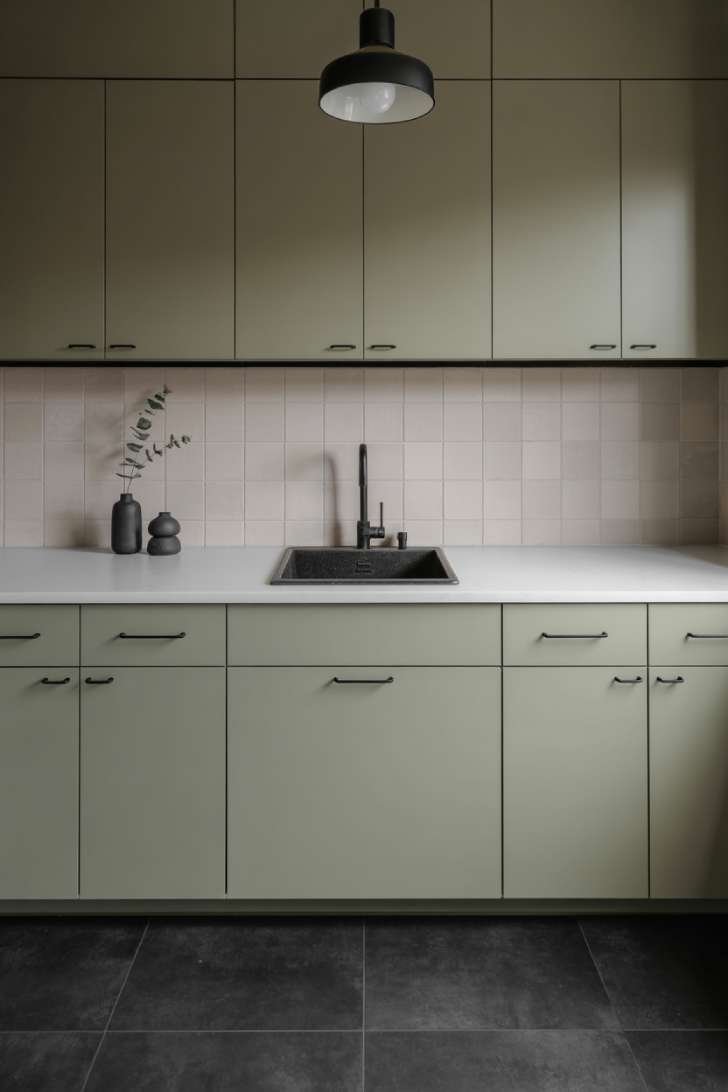 10 Gorgeous Sage Green Laundry Room Ideas for Your Home 6 Minimalist sage green laundry room with flat-panel cabinets and matte black accents