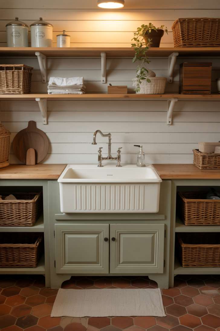 10 Gorgeous Sage Green Laundry Room Ideas for Your Home 8 Farmhouse apron sink with sage green cabinets and shiplap backsplash in a laundry room