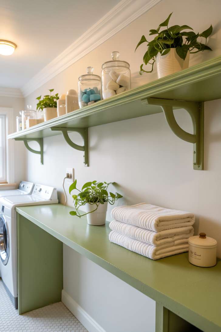 10 Gorgeous Sage Green Laundry Room Ideas for Your Home 9 Sage green open shelves styled with plants and glass canisters in a laundry room