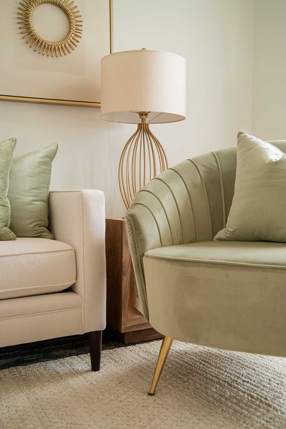 A highly detailed sage green living room decor. The room has a couch, a chair, a table, and a lamp. There are also decorative items such as a vase and a sculpture. The walls and the furniture are painted in a sage green color. The flooring is a dark hardwood.