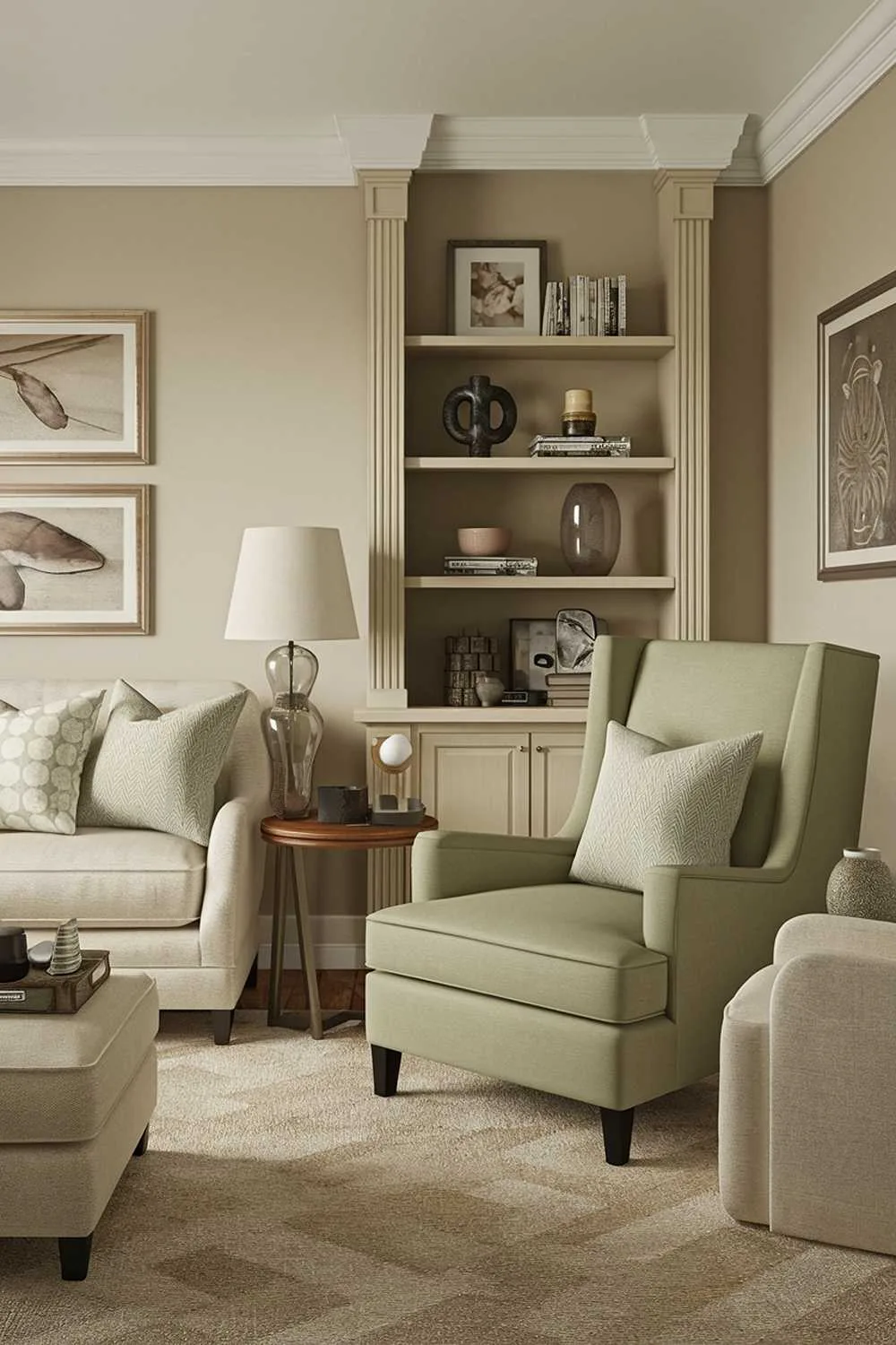 A highly detailed living room decor with sage green touches. There's a beige sofa, a sage green armchair, and a beige rug. There are also a few decorative items, including a vase, a lamp, and a bookshelf. The walls are painted beige.