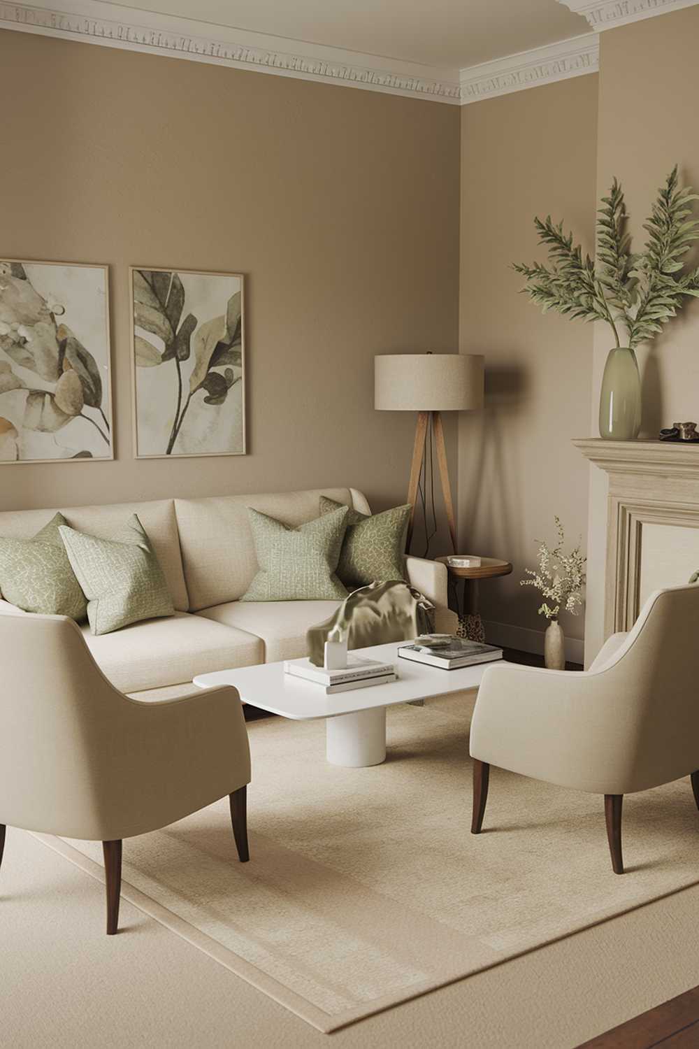 A highly detailed living room decor with sage green touches. The room has a beige sofa, a white coffee table, and a beige rug. There are two beige chairs with wooden legs near the coffee table. The walls are painted beige. The room has a sage green throw pillow on the sofa and a sage green vase with artificial plants on the mantelpiece. There is a beige lampshade on a wooden stand near the sofa. The floor has a beige carpet.