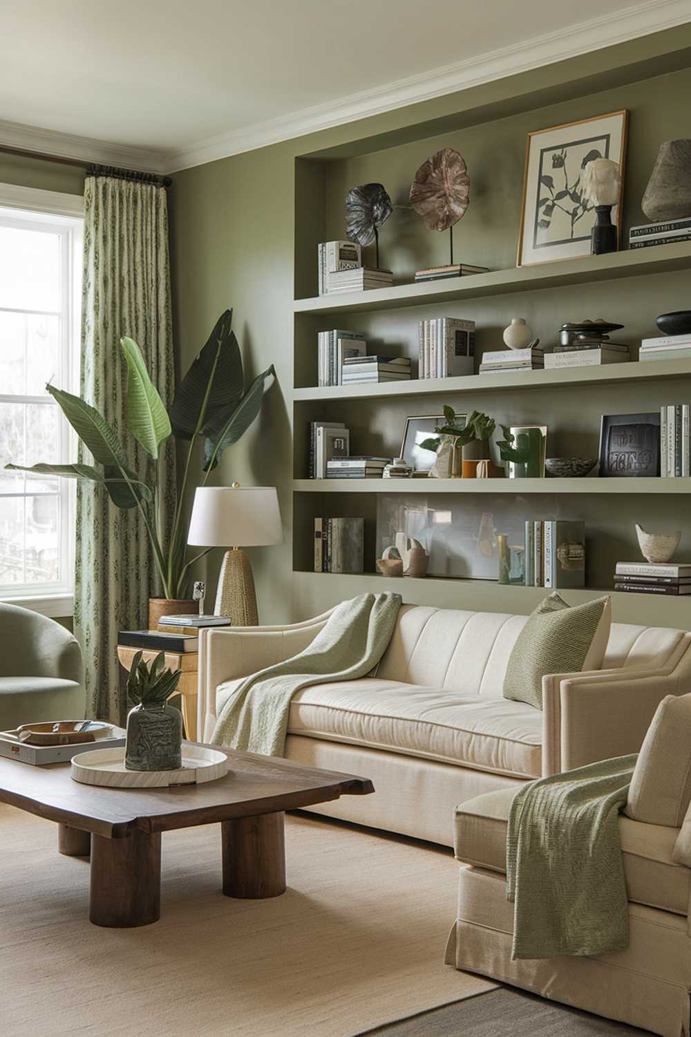 A living room decor with sage green touches. The room has a beige sofa with a few throw pillows, a wooden coffee table, and a large plant. There's a sage green accent wall with multiple shelves filled with books, decorative items, and a lamp. There's a sage green chair near the window. The floor is covered with a beige rug.