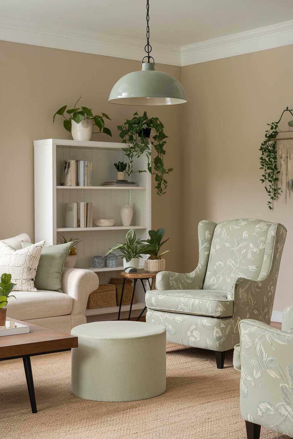 A living room with sage green touches. There's a sage green armchair with a floral pattern and a sage green ottoman. There's also a sage green pendant light hanging over a beige sofa. The room has a beige area rug, a wooden coffee table, and a white bookshelf. There are plants and decorative items on the bookshelf and the coffee table. The walls are painted beige.