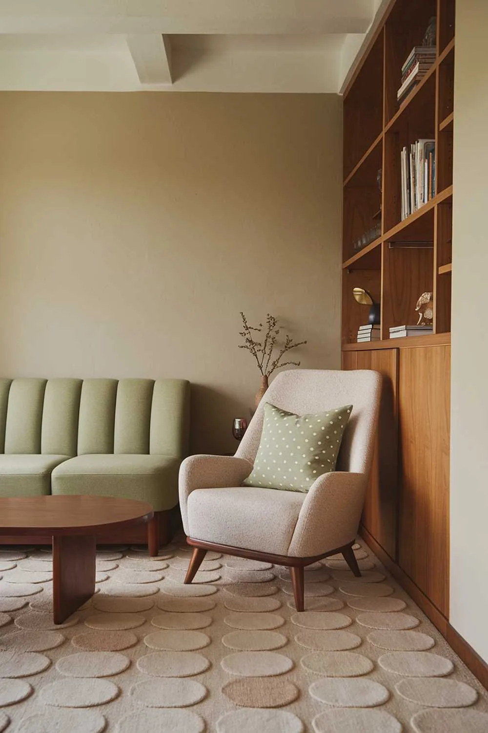 A cozy living room with a sage green couch against a beige wall. There's a beige chair with a wooden base near the green couch. A wooden coffee table sits between the two chairs. A sage green pillow with white polka dots is placed on the beige chair. The room has a beige rug with a pattern of overlapping circles. There's a wooden bookshelf on the right with books and decorative items. The room has a warm, inviting ambiance.