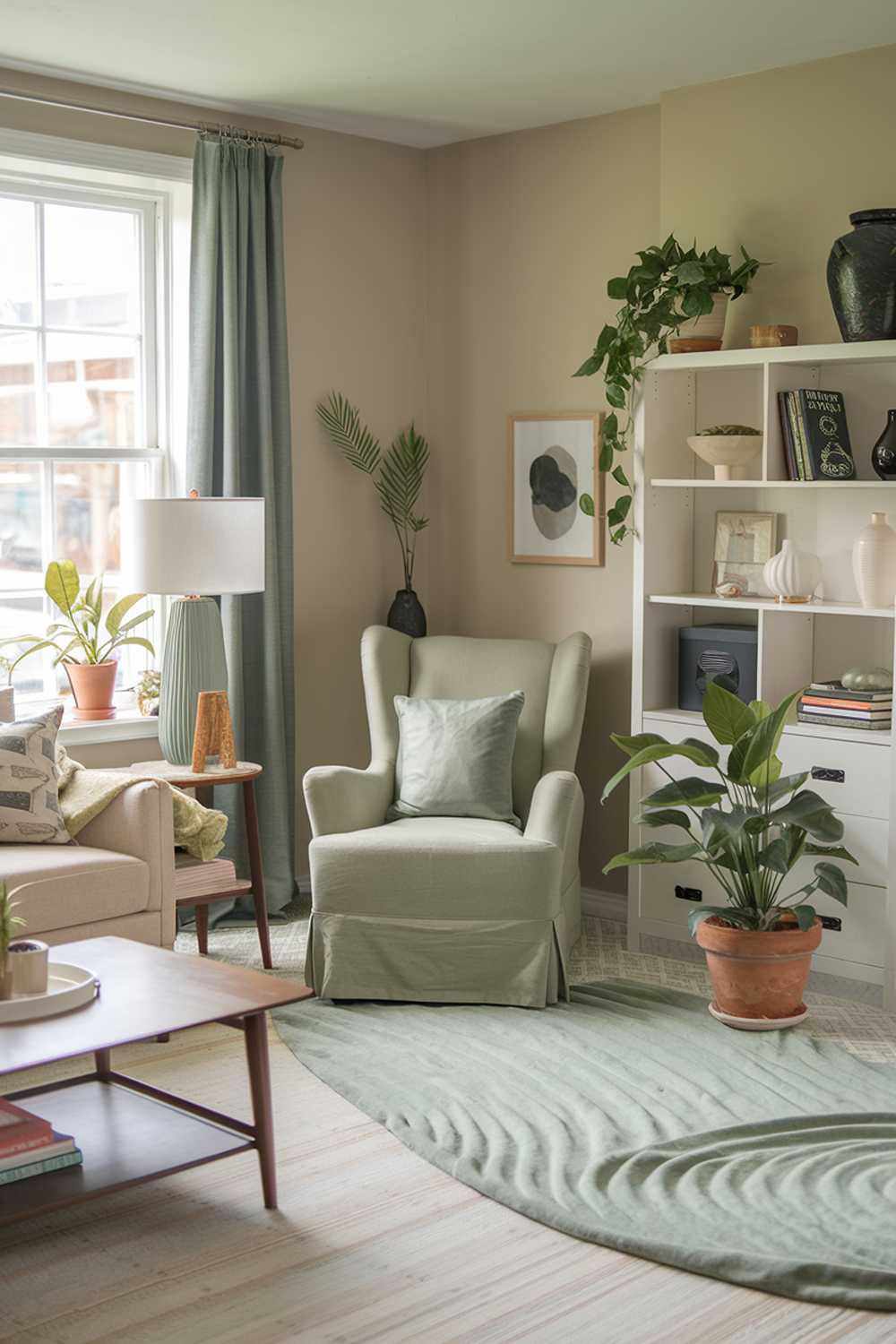 A living room with sage green touches. There is a sage green armchair near the window and a sage green rug on the floor. The room has a beige sofa, a wooden coffee table, a white bookshelf, and a few potted plants. There are also a few decorative items, including a lamp, a vase, and a small table. The walls are painted in a light beige color.