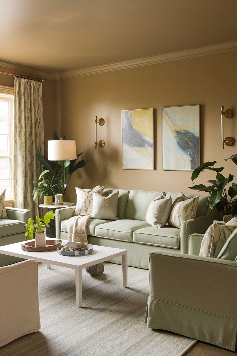 A cozy sage green living room with accent colors. The room has a beige sofa, a white coffee table, and a few beige and white decorations. There are also a few accent pieces in blue and yellow. The walls and floors are painted in a warm beige hue. The room has a few potted plants and a lamp. The furniture is arranged in a way that encourages conversation.