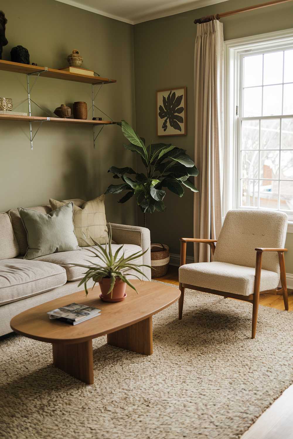 A cozy sage green living room with a plush rug, a beige sofa with cushions, a wooden coffee table, and a potted plant. There's a beige chair with a wooden stand near the window. The walls are painted sage green. The room has a wooden shelf with decorative items. The window has a white frame and is covered with a beige curtain.