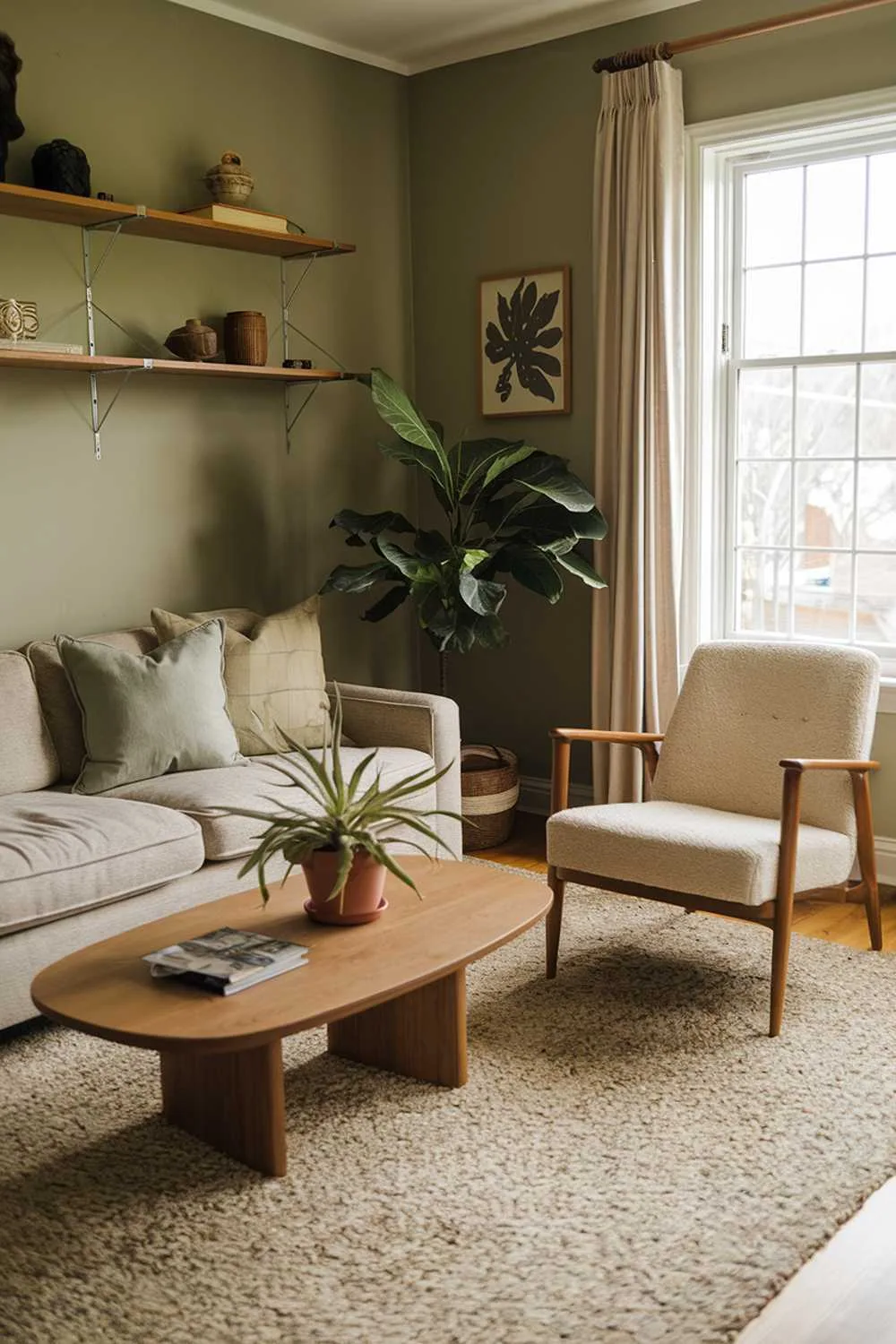 A cozy sage green living room with a plush rug, a beige sofa with cushions, a wooden coffee table, and a potted plant. There's a beige chair with a wooden stand near the window. The walls are painted sage green. The room has a wooden shelf with decorative items. The window has a white frame and is covered with a beige curtain.