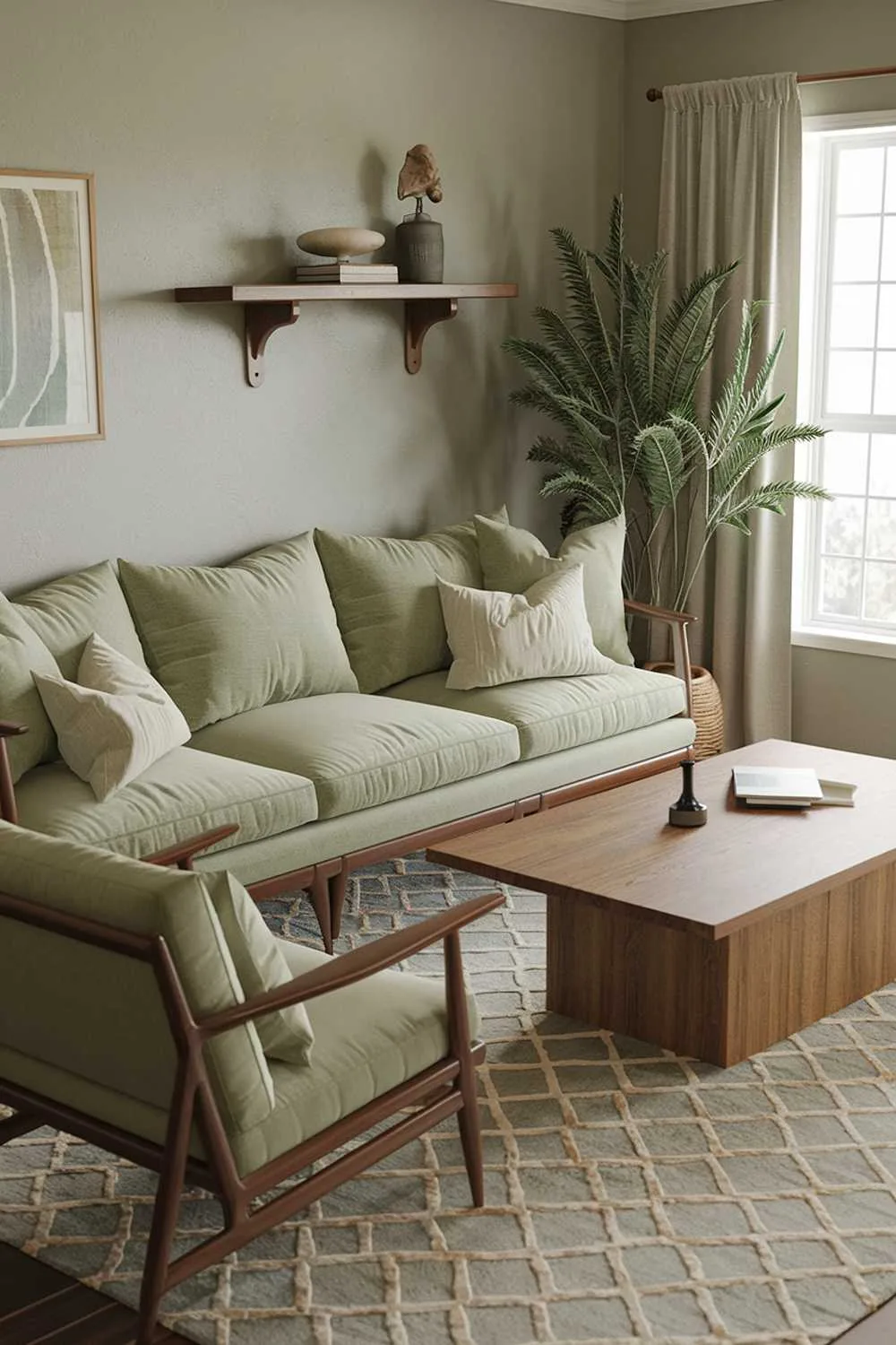 A highly detailed cozy sage green living room decor. There's a beige sofa with multiple cushions and a beige chair with a wooden frame. There's a wooden coffee table in the middle of the room. A potted plant is placed near the window. A wooden shelf is placed above the sofa, holding a few decorative items. The walls are painted in a light gray color. The room has a rug in a geometric pattern.