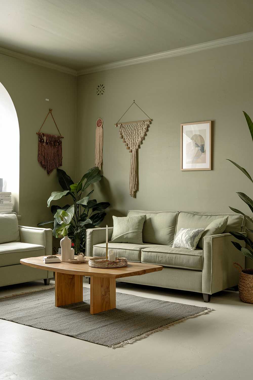 A sage green living room with a beige ceiling and white floor. There's a beige sofa with a few cushions and a wooden coffee table in the middle of the room. A few items, including a plant, a candle, and a decorative object, are placed on the table. The walls have a few hanging items, including a framed piece of art and a decorative object. A rug is placed under the table.