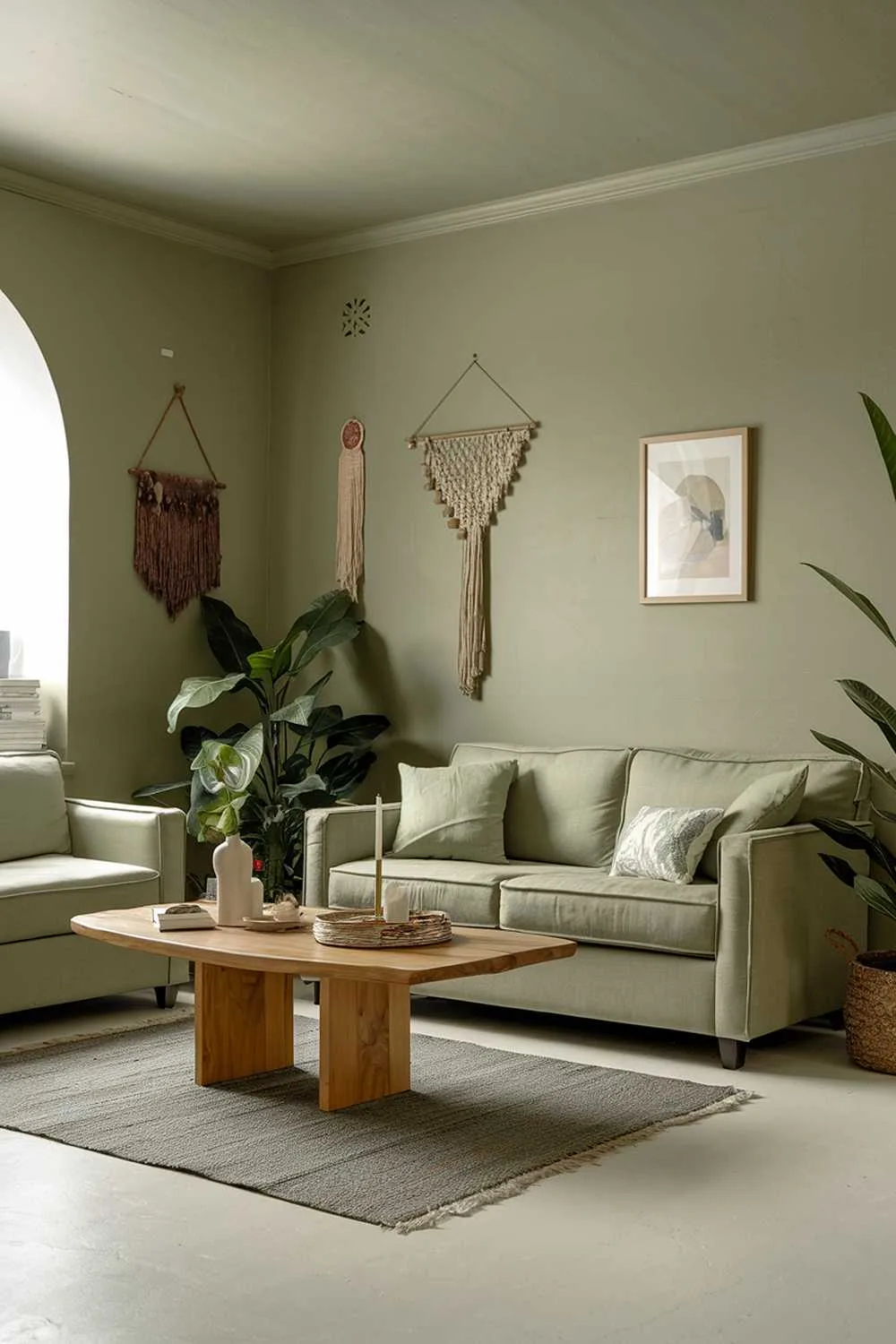 A sage green living room with a beige ceiling and white floor. There's a beige sofa with a few cushions and a wooden coffee table in the middle of the room. A few items, including a plant, a candle, and a decorative object, are placed on the table. The walls have a few hanging items, including a framed piece of art and a decorative object. A rug is placed under the table.