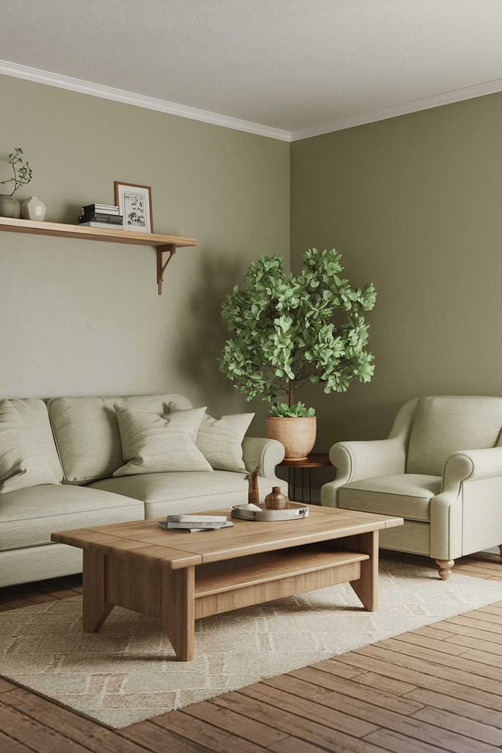 A highly detailed cozy sage green living room decor with a beige sofa and a beige armchair. There is a wooden coffee table in the middle of the room. A plant pot with a green plant is placed on the beige sofa. The walls and the ceiling are painted in a light grey colour. The floor is made of wooden planks. A beige rug is placed under the coffee table. There is a wooden shelf above the beige sofa, with a few decorative items.