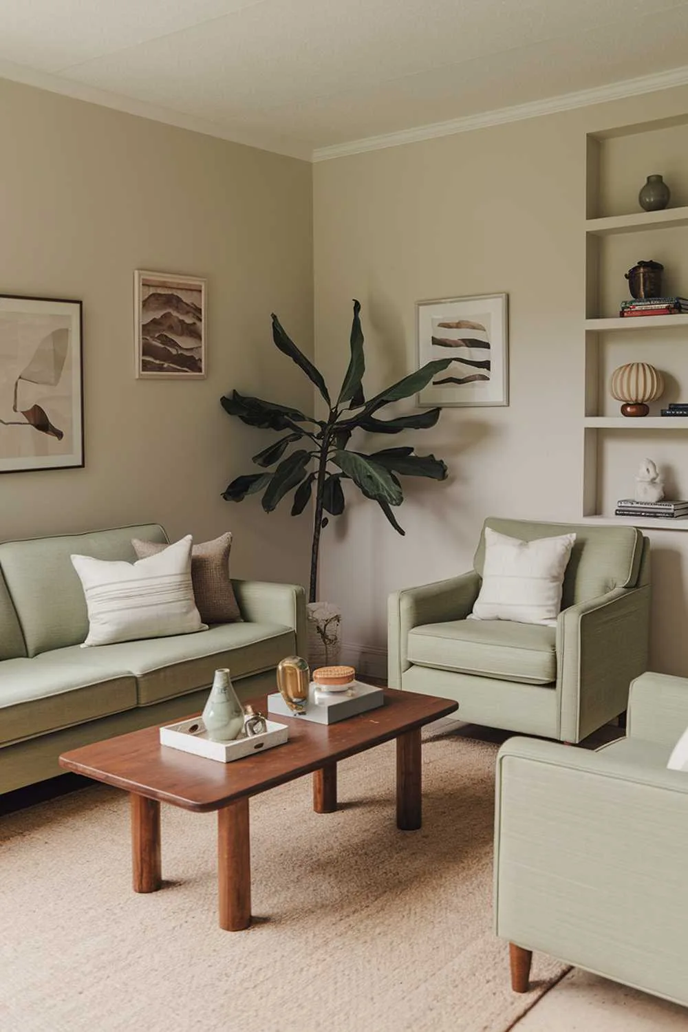 A cozy living room with a sage green sofa and armchair. The room has a wooden coffee table in the middle, with a few decorative items on top. There's a plant in the corner, near the wall. The walls are painted beige, and there are a few shelves with books and decorative items. The floor is covered with a beige rug.