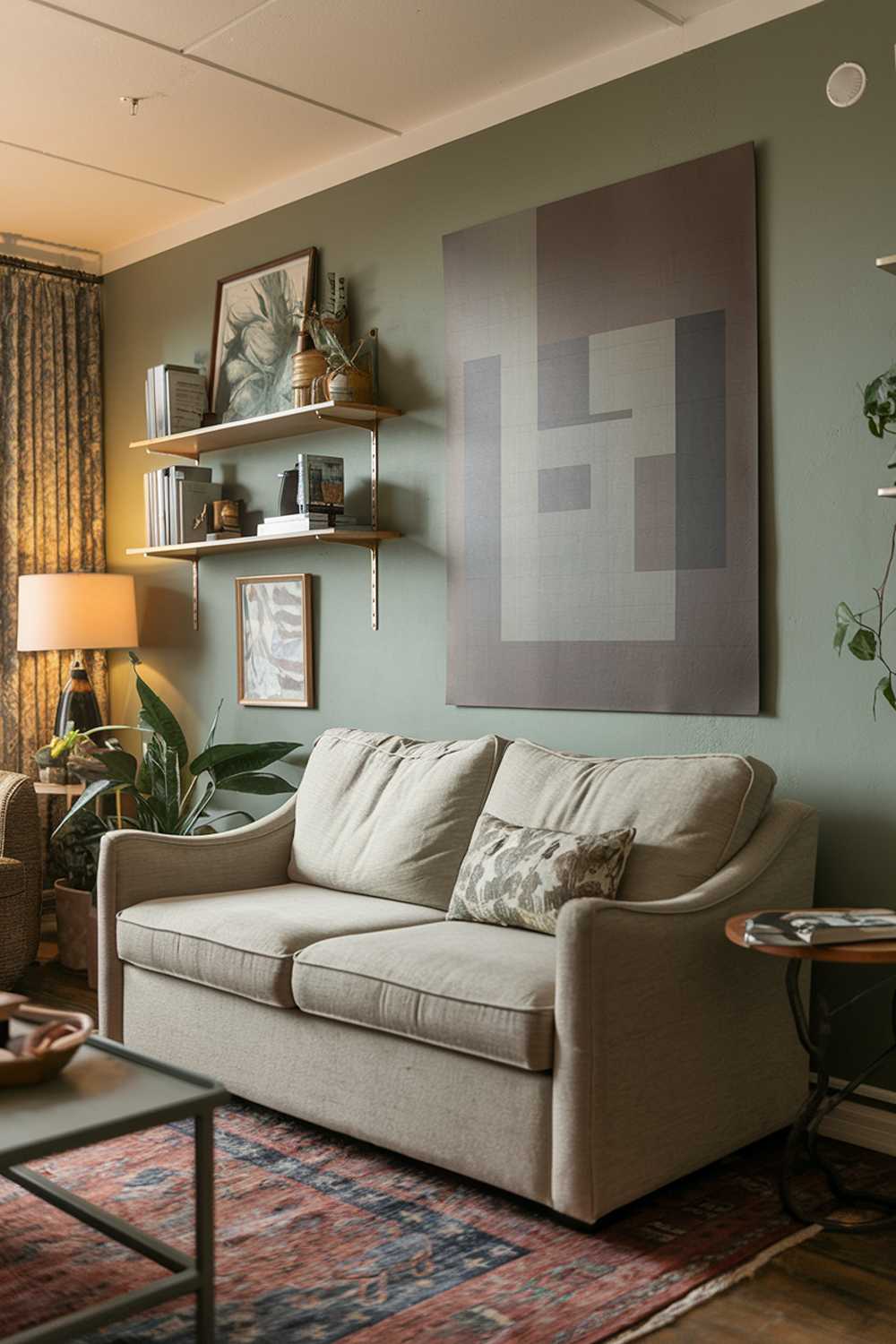 A living room with a sage green accent wall. There's a beige sofa with two cushions and a side table next to it. On the sage green wall, there's a large artwork and a few shelves with books and decor items. The room has a rug, a lamp, and a plant. The lighting is warm.