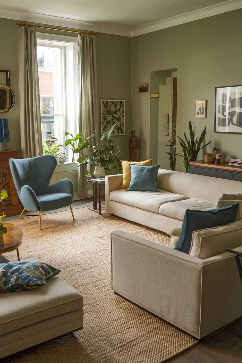 A cozy sage green living room with a few accent colors. There is a large beige sofa with a few throw pillows in blue and yellow. There is a blue chair with yellow legs near the window. The room has a beige rug and a few pieces of beige furniture. The walls are sage green. The room has a few plants and some decorative items.