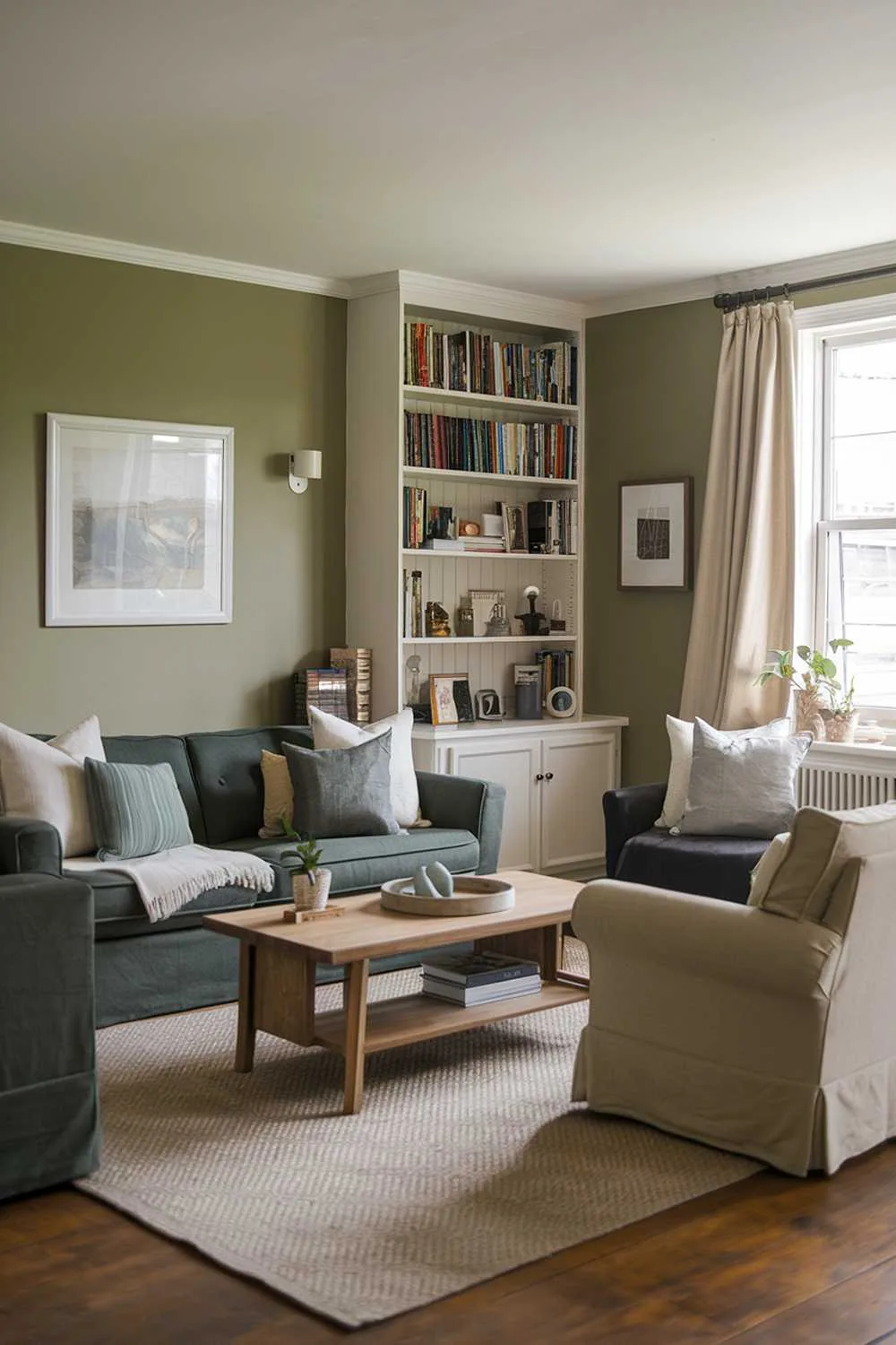 A cozy sage green living room with accent colors of beige, white, and charcoal gray. The room has a beige area rug, a white bookshelf filled with books, a charcoal gray sofa, and a beige armchair. There's a wooden coffee table in the middle. The room has a sage green wall with a white frame around a painting. The beige curtain covers a window. There's a small plant near the window. The room has a wooden floor.