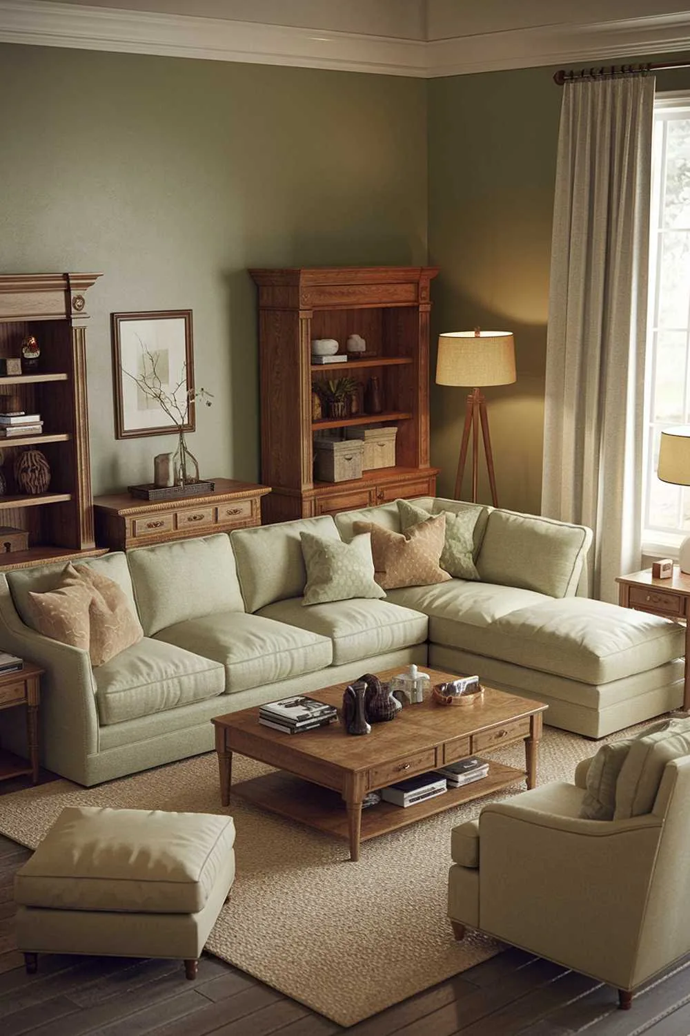 A highly detailed sage green living room decor with a beige sectional sofa, a beige rug, a wooden coffee table, a beige armchair, a wooden bookshelf, a beige ottoman, a beige lamp, and a beige curtain. The room has a beige wall with a sage green accent wall. The lighting is warm.