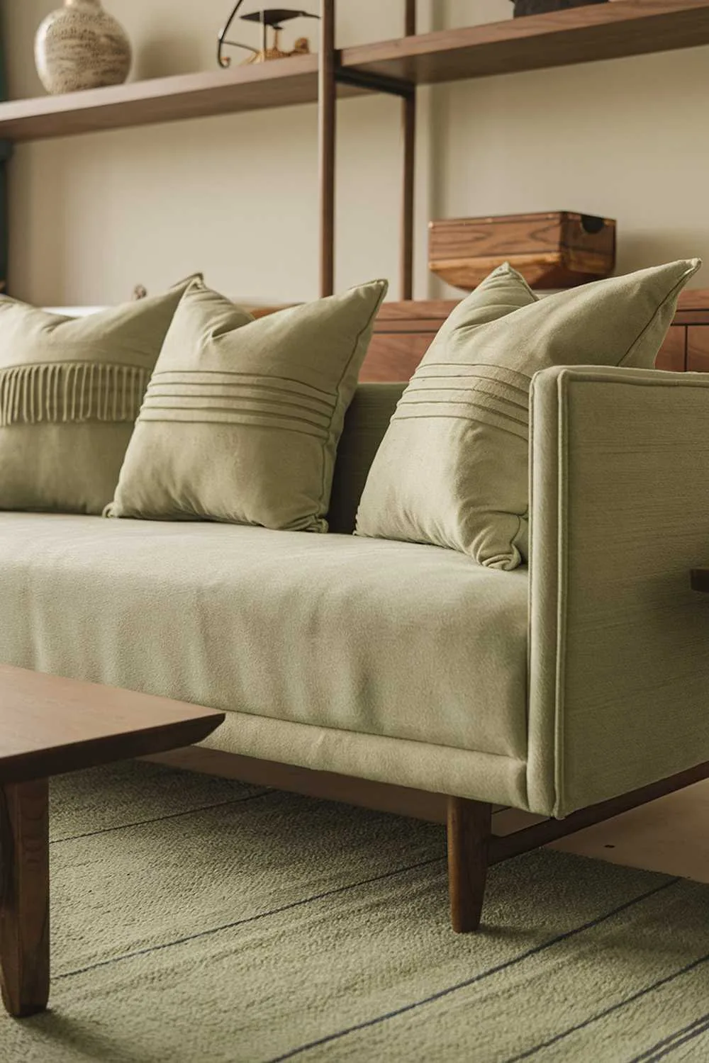 A close-up shot of a sage green living room decor. There's a sage green sofa with decorative pillows in the same color. Next to the sofa is a wooden coffee table. Above the sofa is a wooden shelf with decorative items. The floor is covered with a sage green rug. The background wall is painted beige.