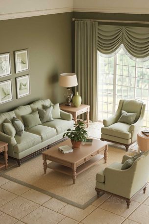 A sage green living room