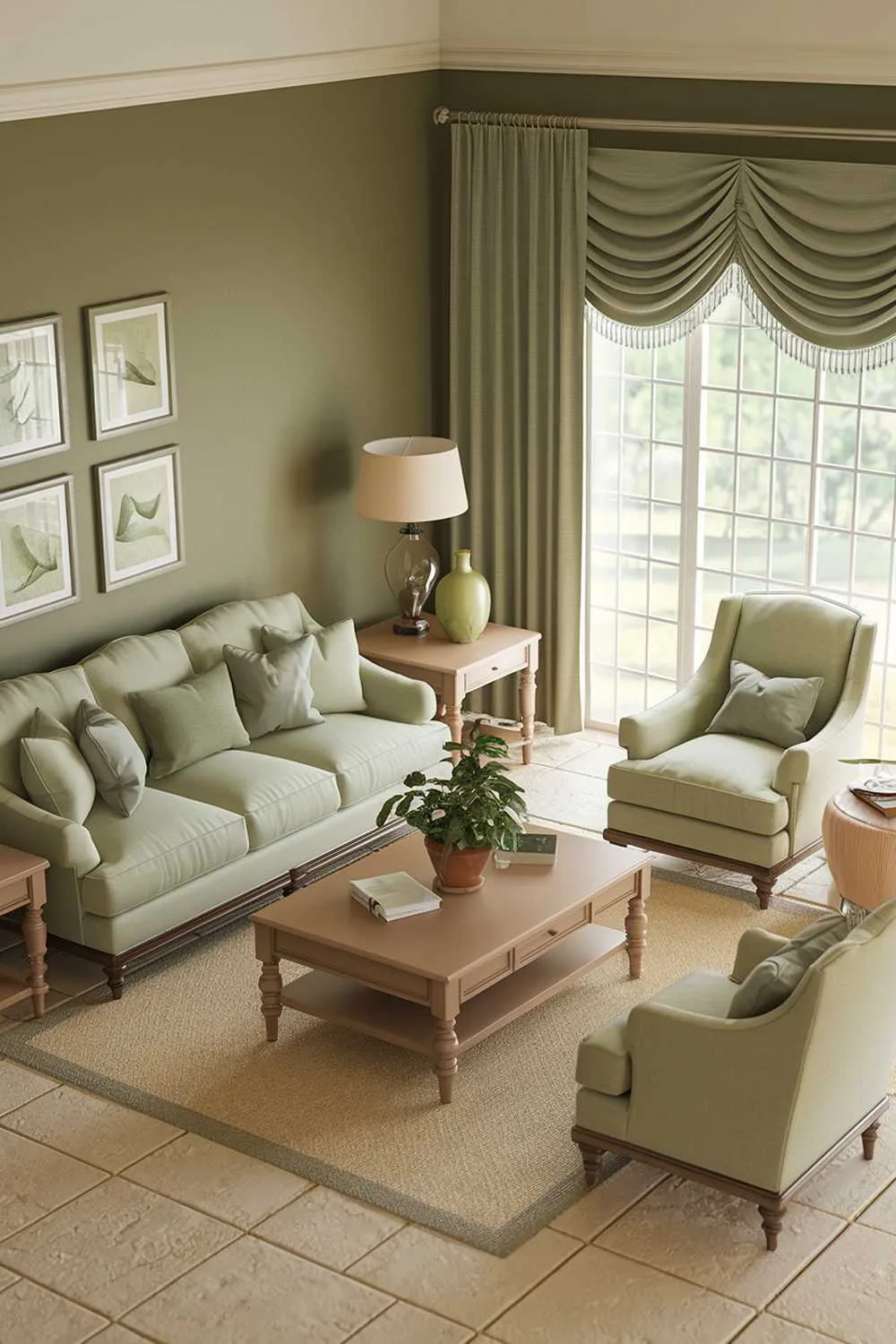 A sage green living room