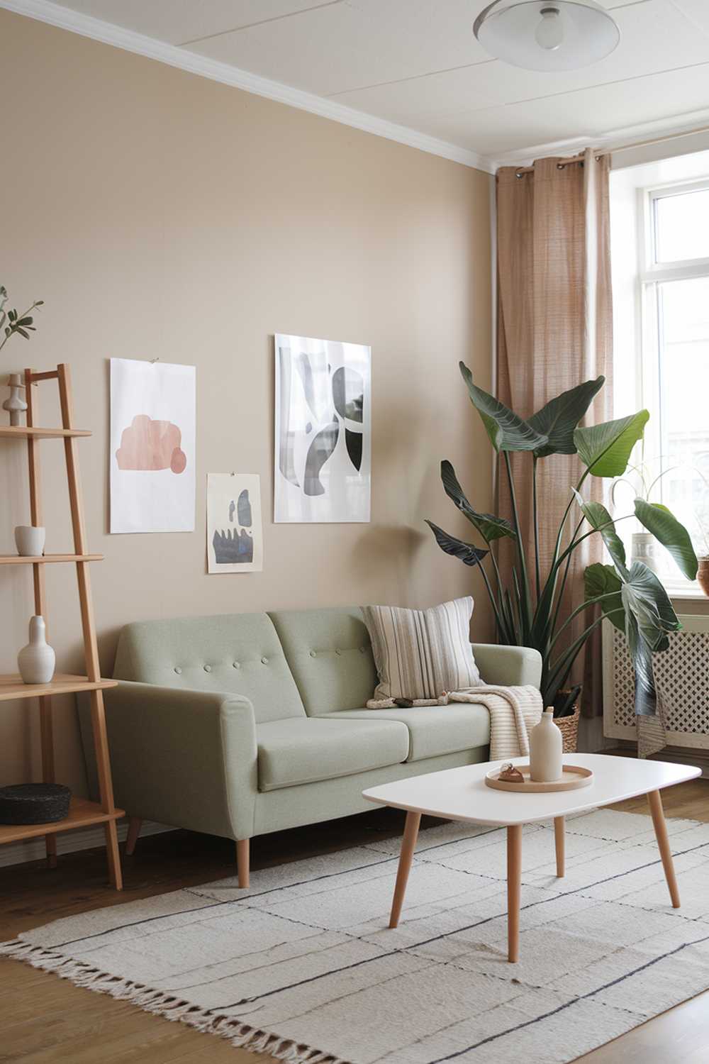 A Scandinavian-style living room with a sage green couch, a white coffee table, and a few wooden items. There's a large plant near the window. The walls and the rug are beige. The room has a few pieces of artwork on the wall. There's a wooden shelf with a white vase and a small plant.